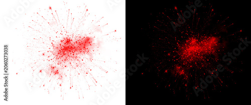 Red powder explosion on white and black background, vibrant color splash burst, abstract dust cloud effect for creative design projects