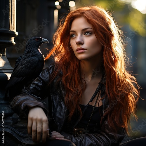 Red-Haired Woman in Black Leather with Raven in Gothic Style