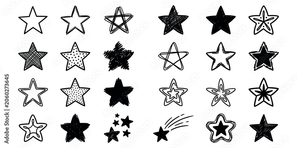 Fototapeta premium stars painted by hand doodle hand drawn icon set. Outline drawing stars painted by hand line clipart symbol collection 