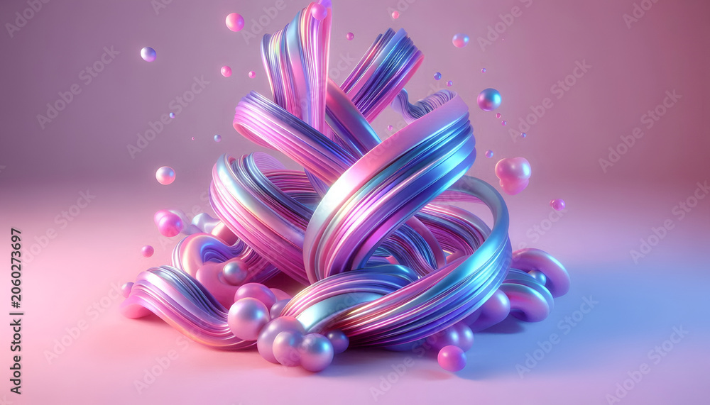 Fototapeta premium Vibrant abstract 3d holographic ribbon shapes with neon purple and iridescent gradient colors floating fluid design background