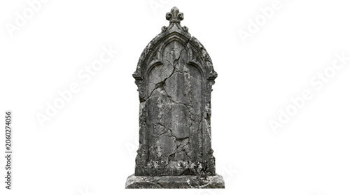 Canvas Print Cracked and weathered ancient stone grave marker with arched top isolated on transparent background png