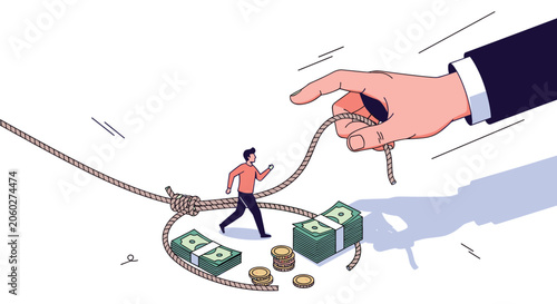 Hand sets a rope snare trap with stacks of cash and coins to lure an unsuspecting person into a predatory financial scheme or debt.