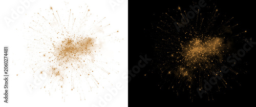 Golden dust explosion with flying particles, brown powder splash on white and black background, abstract dirt burst for creative design overlays