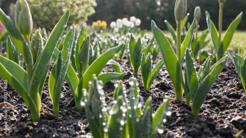 Dewdrops Glisten on Young Tulip Sprouts Emerging from Soil in Spring Garden