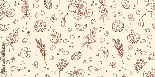 Obraz na plátně Seamless hand-drawn vector pattern for French bistro design with olives, herbs,