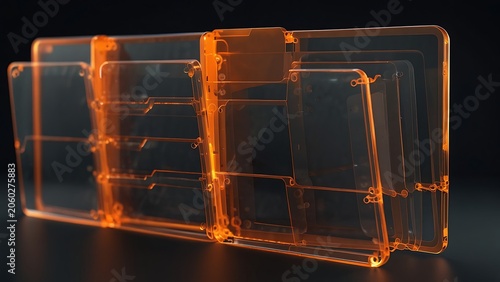 Modern Digital File Management Concept Showing Transparent Orange Glowing Folders Storing Data Files Symbolizing Efficient Organization Cloud Storage Security and Electronic Archive Systems for Busine