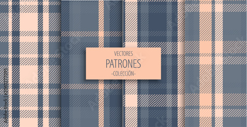 Plaid Pattern Collection: A curated selection of four distinct plaid patterns featuring a sophisticated color palette of muted blues and soft peachy tones.