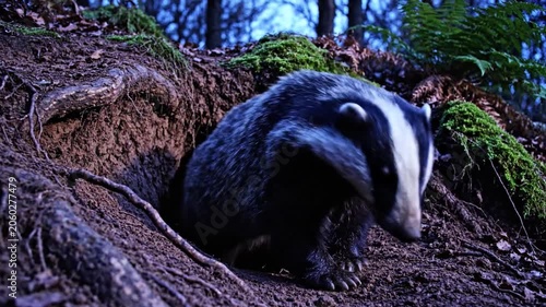 European Badger Emerging from its Forest Earth Den at Dusk