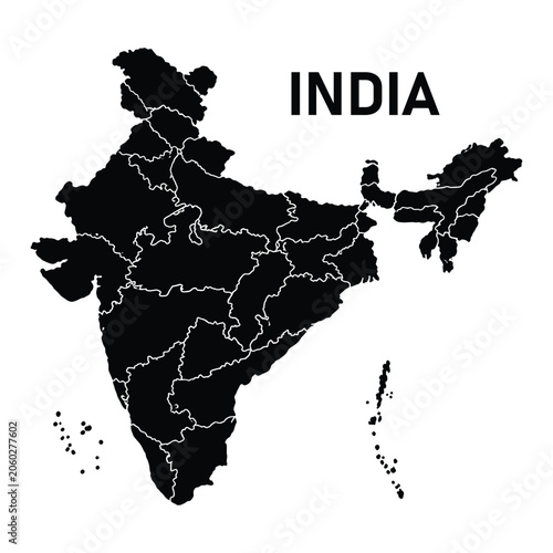 Bilde på lerret Detailed map of india with regional state borders in black and white geography a