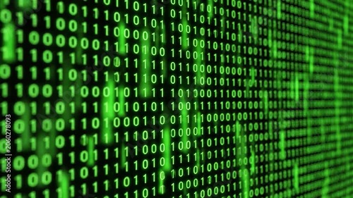 Abstract digital stream of green binary code flowing across a dark, futuristic technological background.