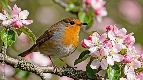 European Robin Perched Amongst Delicate Pink Blossoms in Spring