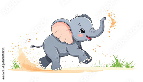 Gray Elephant Running in Mud Splash.