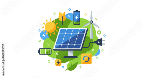Sustainable Clean Energy Illustration featuring Solar Panels, Wind Turbines, and Battery Storage. Modern Green Technology Concept for Environmental Conservation.