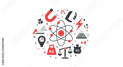 Flat Vector Physics and Science Icon Collection with Atom, Magnet, Energy, and Measurement Symbols on White Background