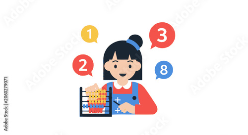 Little Girl Learning Mathematics with an Abacus Illustration - STEM Education and Mental Arithmetic for Kids Vector
