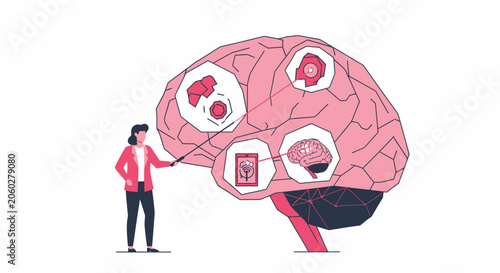 Conceptual Neuroscience Illustration of a Woman Pointing to a Large Human Brain with Digital Data Icons for Mental Health and Psychology Research