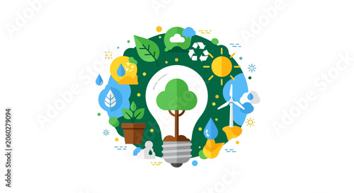 Eco-Friendly Innovation Concept Illustration: Light Bulb with Tree and Sustainable Energy Icons for Green Technology and Environmental Conservation