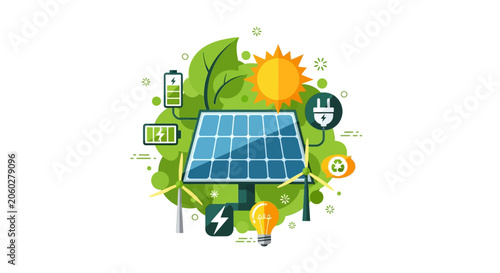 Renewable Energy Concept Illustration: Solar Panels, Wind Turbines, Battery Storage, and Sustainable Green Technology Symbols for Eco-Friendly Power and Ecology
