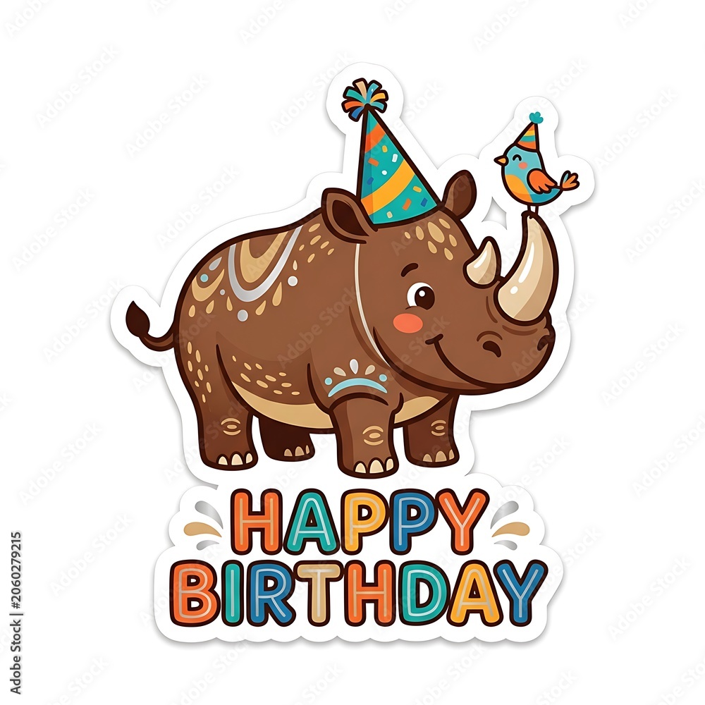 Fototapeta premium Cute Cartoon Rhinoceros Happy Birthday Sticker Illustration