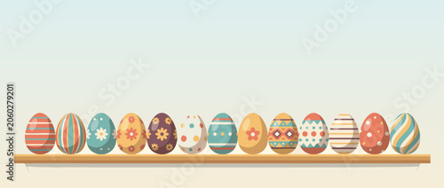 Panoramic vector banner illustration of a set of decorated eggs lined up on a clean shelf, featuring colorful spring patterns and minimalist style, perfect for Easter holiday celebration themes.