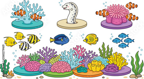 Tableau sur toile Cute cartoon ocean underwater sea life vector set featuring colorful coral reef