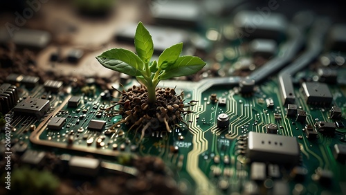 Small green sprout growing from a computer circuit board, conceptualizing sustainable technology, eco-friendly hardware, and green computing.