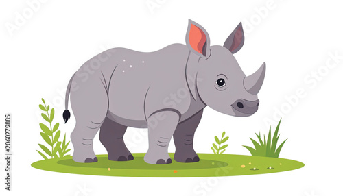 Gray Rhinoceros Standing on Green Grass.