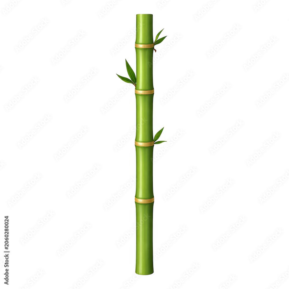 Obraz premium Bamboo stalk with green leaves and golden bands on a white background symbolizing nature