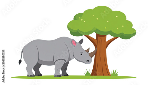 Gray Rhinoceros Standing Near Tree.