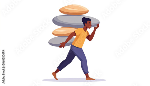 Man carrying heavy stones on shoulder.