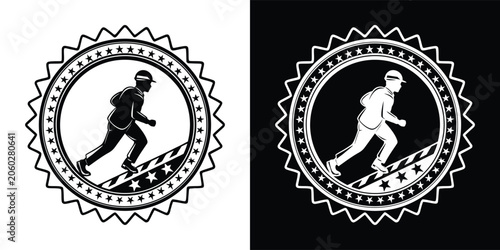 Tableau sur toile Silhouette of a man running uphill inside a circular stamp