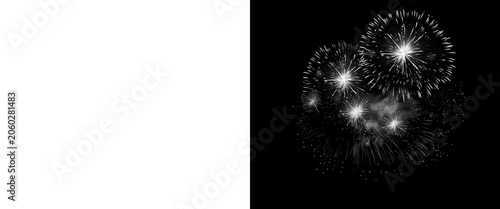 Monochrome fireworks display on black background, dramatic black and white pyrotechnics explosion, festive light bursts for celebration and holiday design