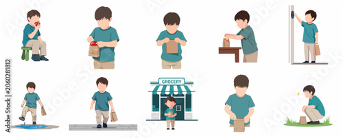 Canvastavla Flat vector illustration set of a little boy shopping for groceries, eating an a
