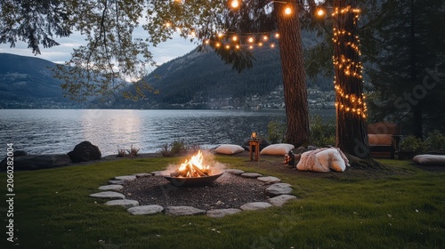 A warm firepit glows by a serene lake at night illuminated by string lights with friends gathered for a cozy outdoor evening