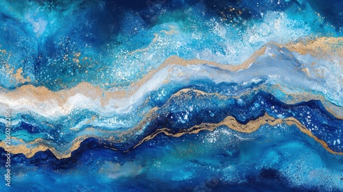 Abstract Deep Blue Ocean Wave Textures with Shimmering Gold Accents