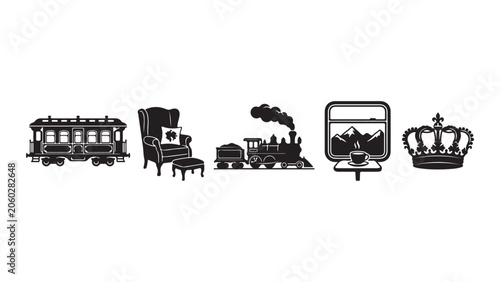 Fotografie Diverse set of black and white icons featuring vintage train carriage, elegant armchair, classic steam locomotive, scenic window view with coffee, and royal crown