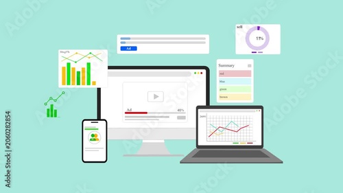 Flat animation of multiple devices showing charts, graphs and analytics widgets on a mint animated
