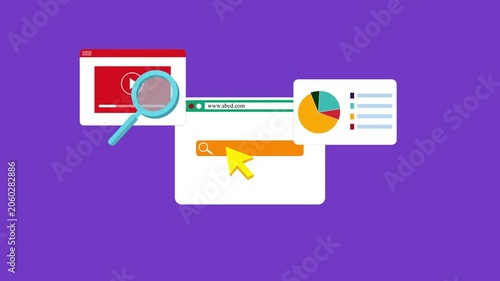 Flat design seo concept browser window with search bar, magnifying glass, pie chart analytics widget animation