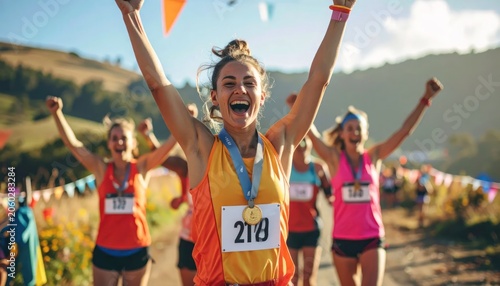 Radiant female athlete cheering with gold medal after marathon.