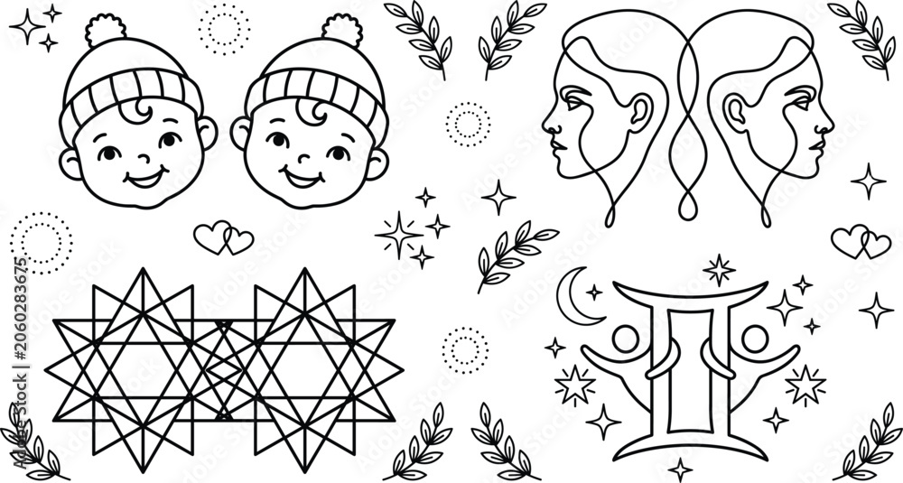 Fototapeta premium Gemini Zodiac Sign and Cute Twins Line Art Vector Set Featuring Horoscope Profile Face Elements