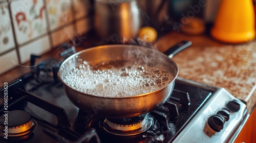 Boiling water in a metal pan on a kitchen gas stove, creating active bubbles and steam.