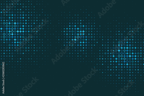 Tableau sur toile Teal and blue plus signs in halftone pattern on dark background, cross healthcar