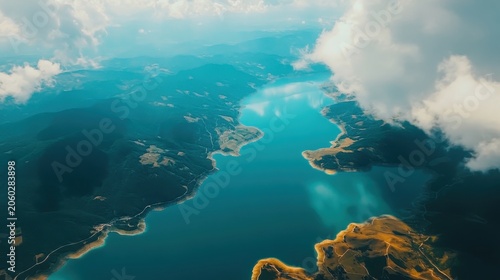 Breathtaking Aerial View of a Winding Lake Shoreline Amidst Vibrant Natural Landscapes and Clear Blue Waters