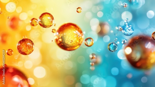 Close-up macro view of luminous golden and blue liquid bubbles with bokeh effects