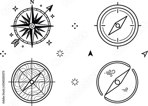 Photography Nautical Compass Navigation and Vintage Wind Rose Line Art Vector Icon Set with