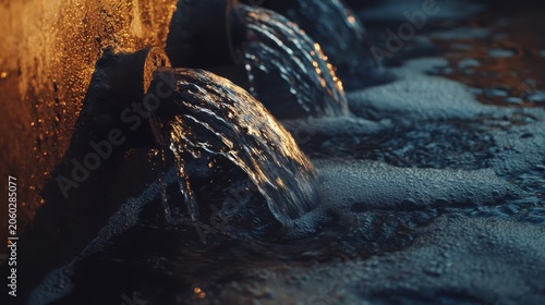 Contaminated urban canal water flowing from pipes in close-up detail with soft ambient light