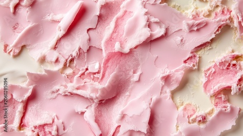 Close-up view of creamy pink ice cream swirls, showcasing a delightful frozen dessert texture for summer enjoyment.