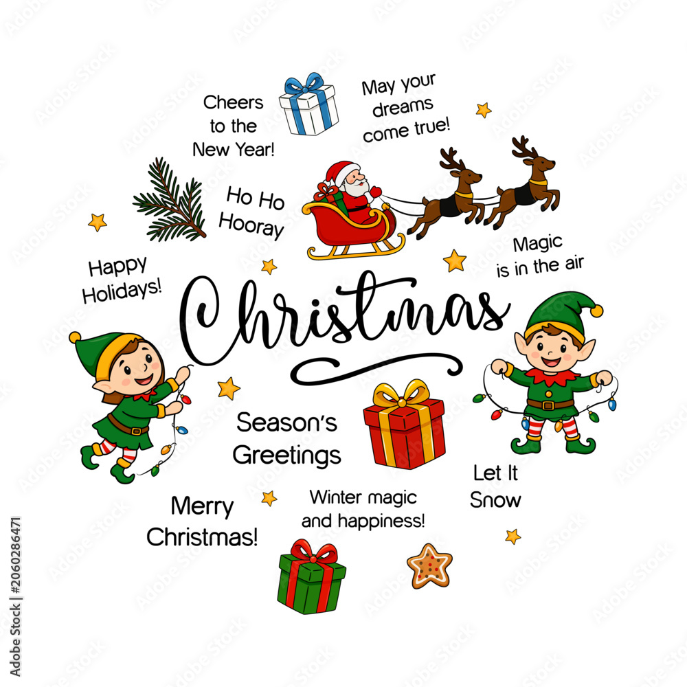 Fototapeta premium Circular poster. Festive Christmas design featuring elves, gifts, Santa, and holiday greetings 