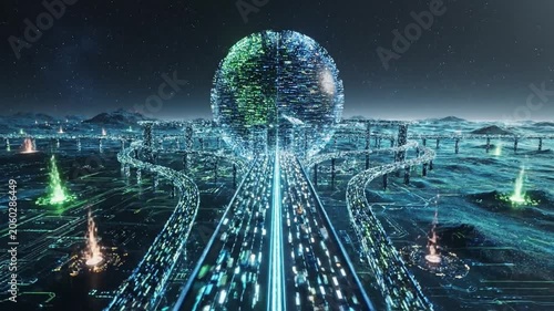Digital Data Highway Concept With Glowing Central Sphere