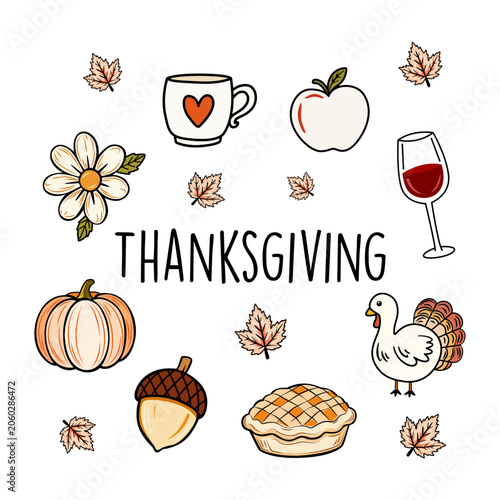 collection of vector illustrations on the theme of Thanksgiving. Traditional symbols of the holiday, such as a turkey, a pumpkin, a pie, an acorn, and more 